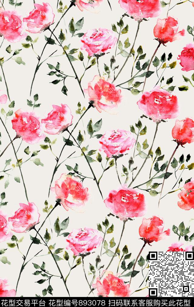 水彩玫瑰花卉数码印花华亿平台下载（图片编号: 893078） - 瓦栏（Walan）