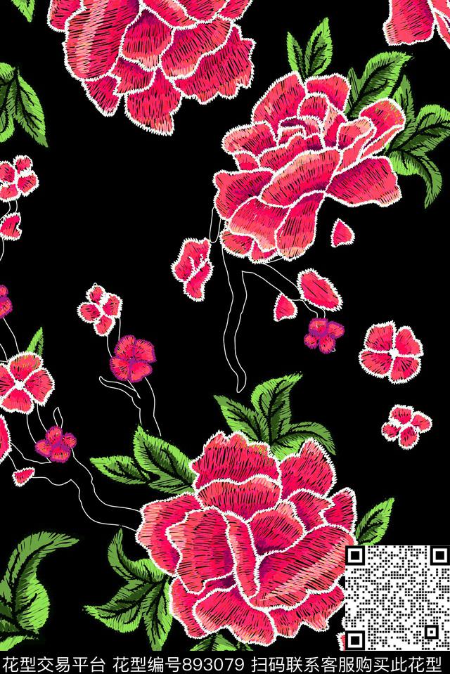 绣花清爽牡丹数码印花华亿平台下载（图片编号: 893079） - 瓦栏（Walan）