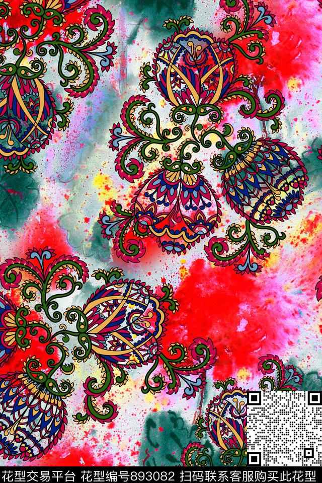 几何花纹水彩数码印花华亿平台下载（图片编号: 893082） - 瓦栏（Walan）