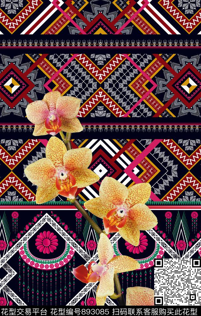 枝条花纹波西米亚数码印花华亿平台下载（图片编号: 893085） - 瓦栏（Walan）