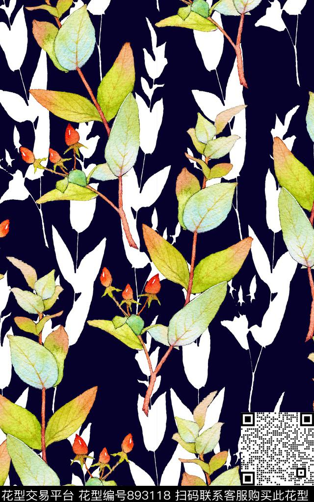 几何花卉绿植树叶手绘花卉数码印花华亿平台下载（图片编号: 893118） - 瓦栏（Walan）