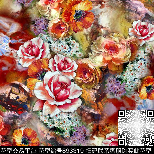 花卉云纹油画数码印花华亿平台下载（图片编号: 893319） - 瓦栏（Walan）