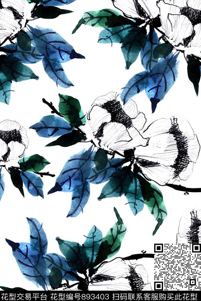 水墨花卉清爽数码印花华亿平台下载（图片编号: 893403） - 瓦栏（Walan）