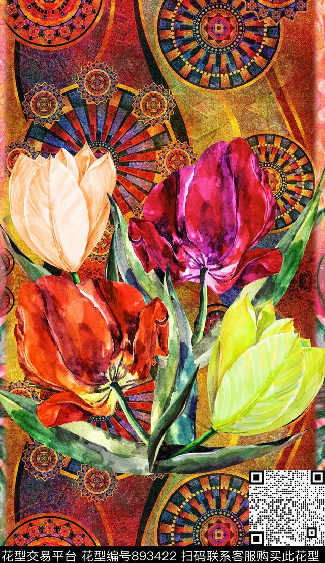 水彩大花卉植物数码印花华亿平台下载（图片编号: 893422） - 瓦栏（Walan）