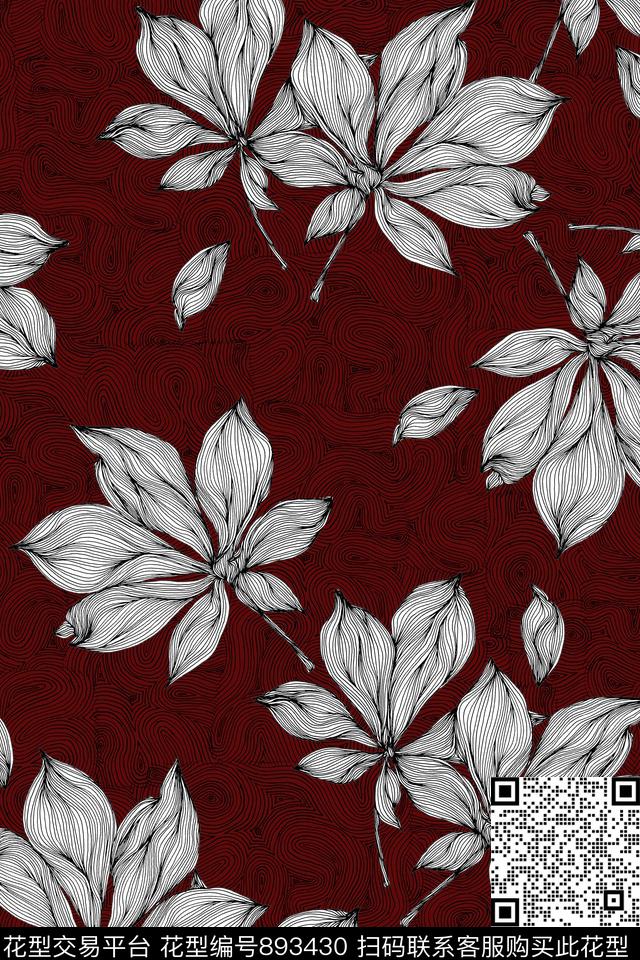 几何线描叶子数码印花华亿平台下载（图片编号: 893430） - 瓦栏（Walan）