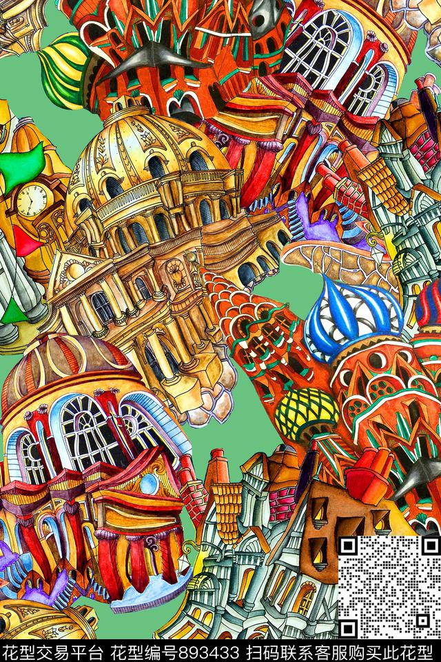 风景建筑几何数码印花华亿平台下载（图片编号: 893433） - 瓦栏（Walan）