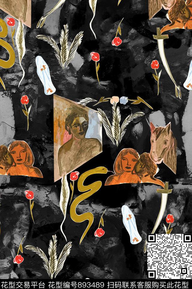 油画抽象人物数码印花华亿平台下载（图片编号: 893489） - 瓦栏（Walan）