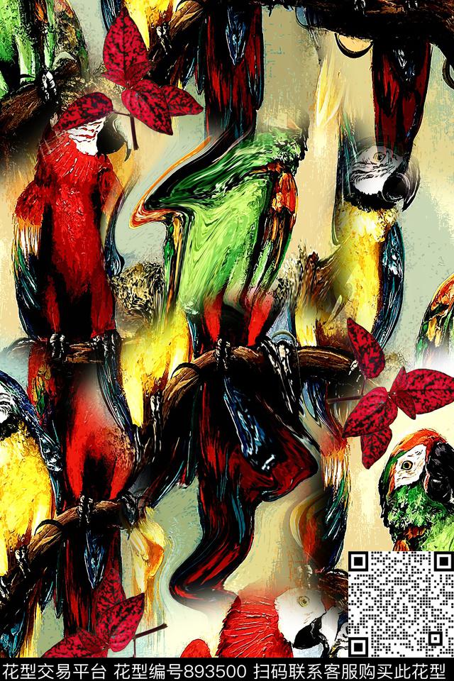 抽象艺术手绘抽象艺术男装油画鹦鹉数码印花华亿平台下载（图片编号: 893500） - 瓦栏（Walan）