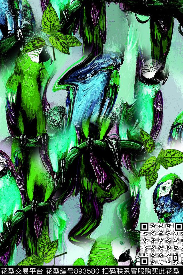 抽象艺术手绘抽象艺术男装油画鹦鹉数码印花华亿平台下载（图片编号: 893580） - 瓦栏（Walan）