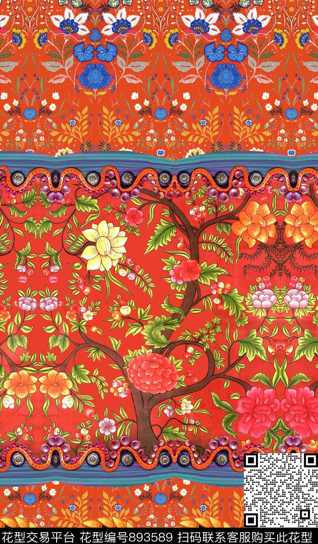 中国风花卉民族风数码印花华亿平台下载（图片编号: 893589） - 瓦栏（Walan）