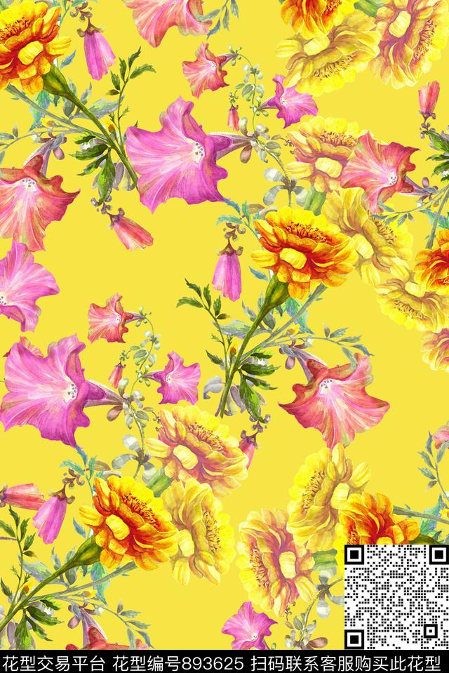 手绘花卉植物数码印花华亿平台下载（图片编号: 893625） - 瓦栏（Walan）