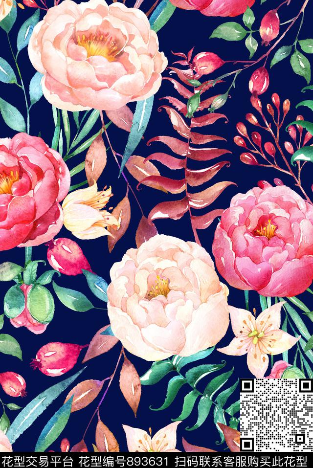 花卉大花花朵传统印花华亿平台下载（图片编号: 893631） - 瓦栏（Walan）
