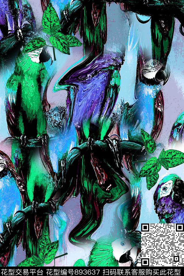 抽象艺术手绘抽象艺术男装油画鹦鹉数码印花华亿平台下载（图片编号: 893637） - 瓦栏（Walan）