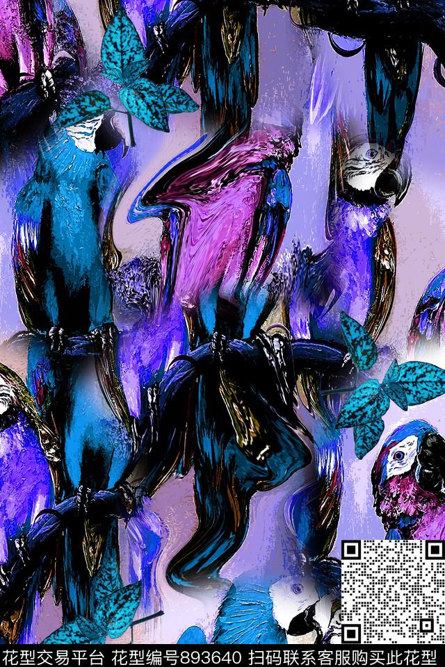 抽象艺术手绘抽象艺术男装油画鹦鹉数码印花华亿平台下载（图片编号: 893640） - 瓦栏（Walan）