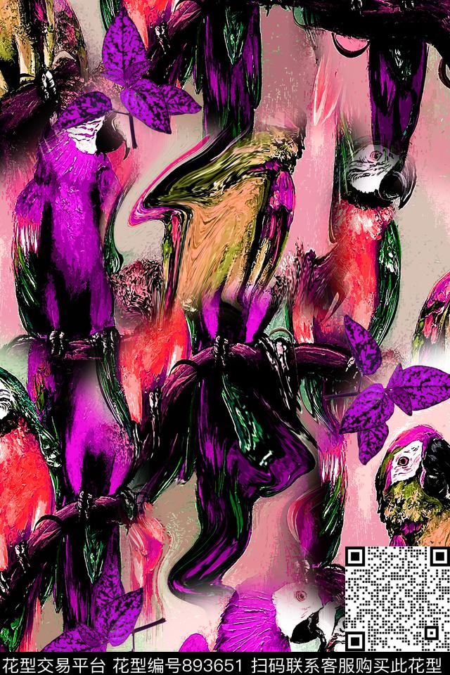抽象艺术手绘抽象艺术男装油画鹦鹉数码印花华亿平台下载（图片编号: 893651） - 瓦栏（Walan）