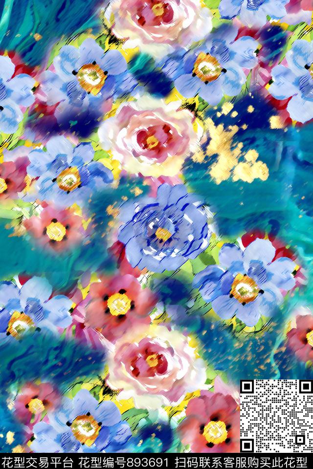 玫瑰花手绘油画风乱花散花数码印花华亿平台下载（图片编号: 893691） - 瓦栏（Walan）