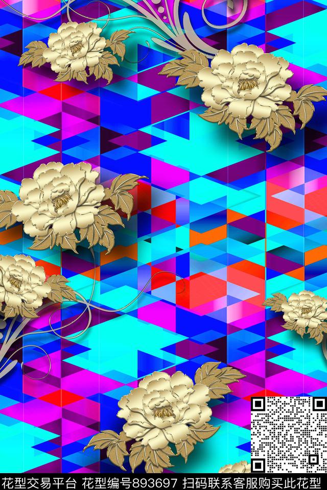 色块花卉金色花卉黄金花卉数码印花华亿平台下载（图片编号: 893697） - 瓦栏（Walan）