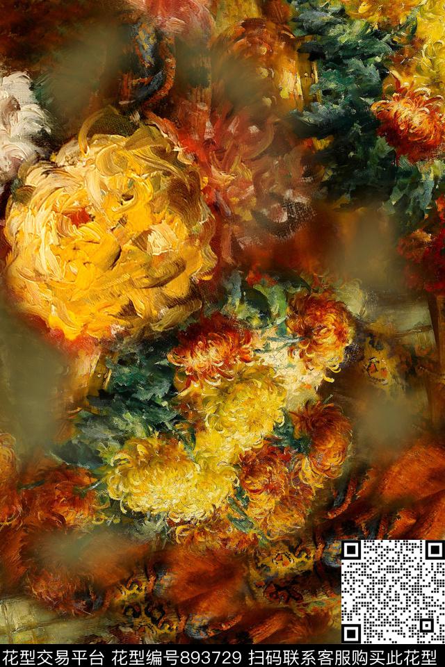 花卉云纹手绘数码印花华亿平台下载（图片编号: 893729） - 瓦栏（Walan）