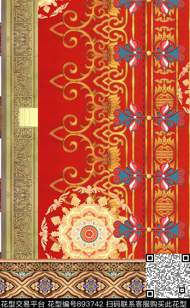 中国风民族风大红数码印花华亿平台下载（图片编号: 893742） - 瓦栏（Walan）