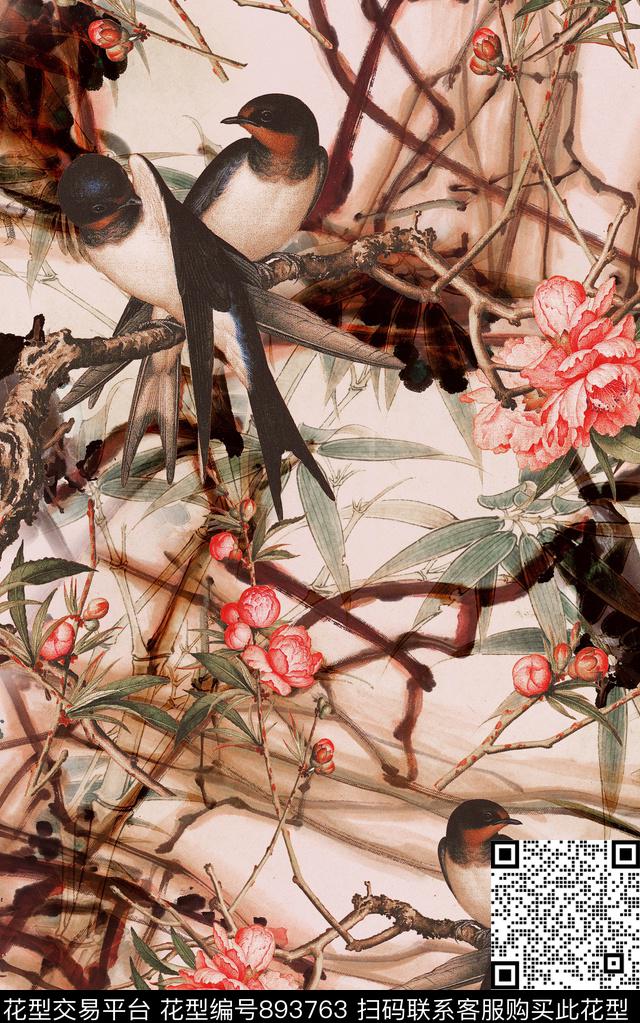 中国风水墨工笔画数码印花华亿平台下载（图片编号: 893763） - 瓦栏（Walan）