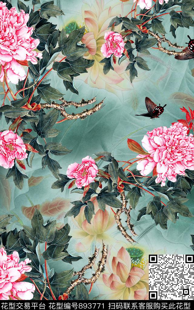 中国风水墨工笔画数码印花华亿平台下载（图片编号: 893771） - 瓦栏（Walan）