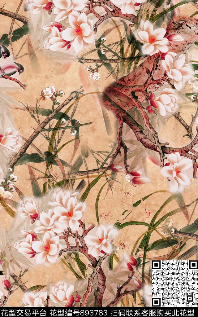 中国风水墨工笔画数码印花华亿平台下载（图片编号: 893783） - 瓦栏（Walan）