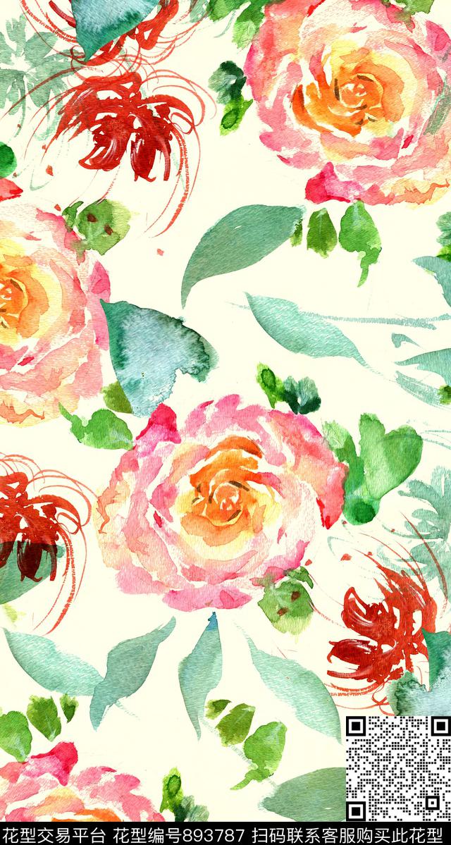 花卉水彩手绘数码印花华亿平台下载（图片编号: 893787） - 瓦栏（Walan）