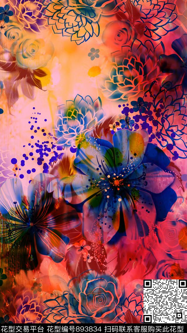 大花花朵花卉数码印花华亿平台下载（图片编号: 893834） - 瓦栏（Walan）