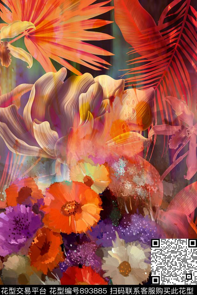 大花花朵花卉数码印花华亿平台下载（图片编号: 893885） - 瓦栏（Walan）