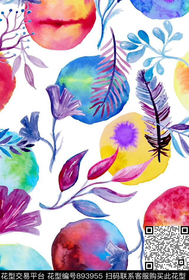 抽象叶子水彩圈圈传统印花华亿平台下载（图片编号: 893955） - 瓦栏（Walan）