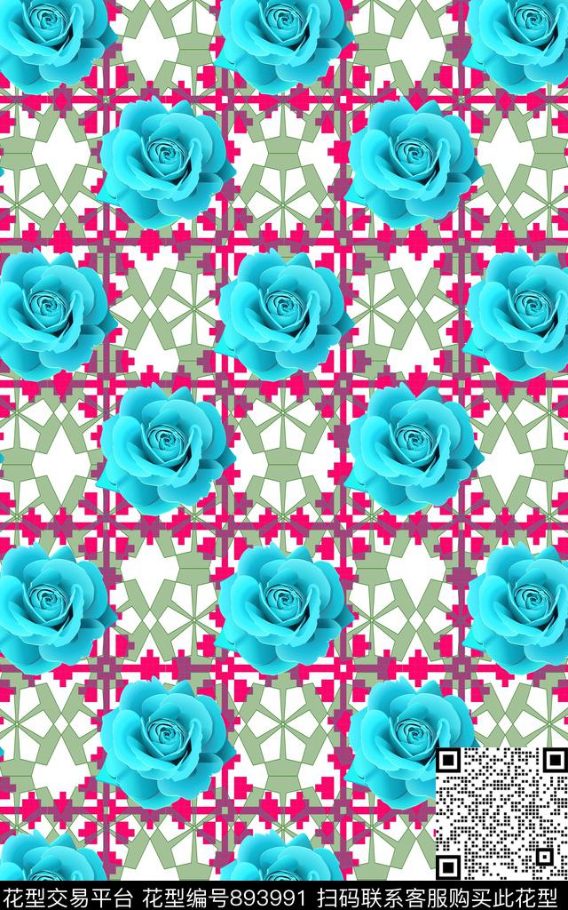 时尚活力玫瑰几何图案数码印花华亿平台下载（图片编号: 893991） - 瓦栏（Walan）