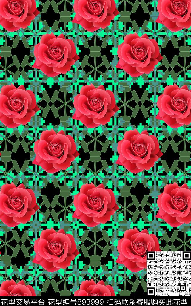 时尚活力玫瑰几何图案数码印花华亿平台下载（图片编号: 893999） - 瓦栏（Walan）