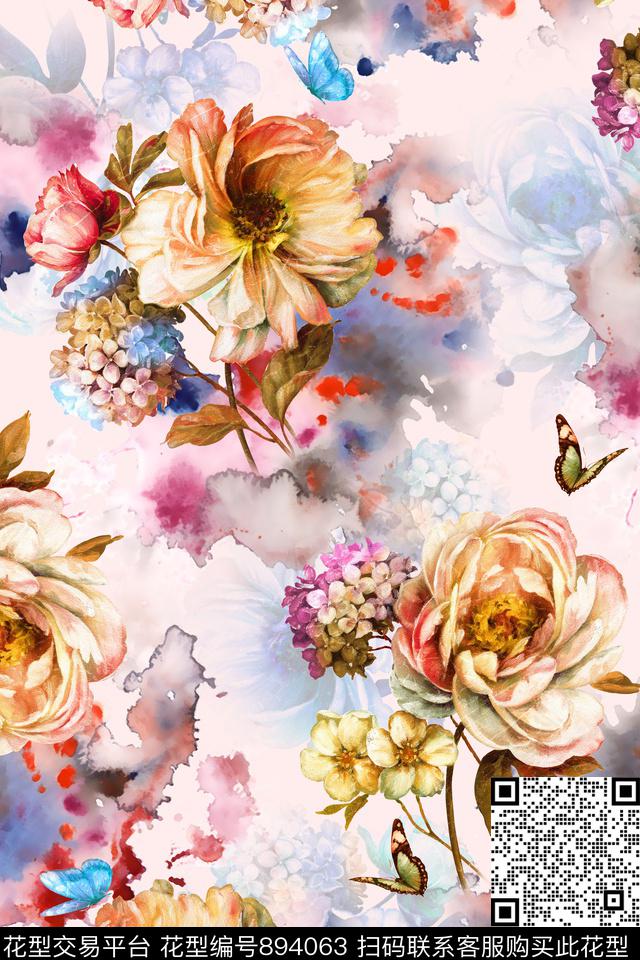 玫瑰油画花晕染数码印花华亿平台下载（图片编号: 894063） - 瓦栏（Walan）