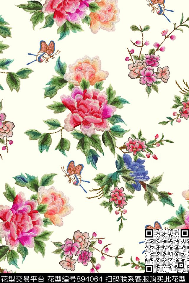 小清新刺绣花牡丹数码印花华亿平台下载（图片编号: 894064） - 瓦栏（Walan）