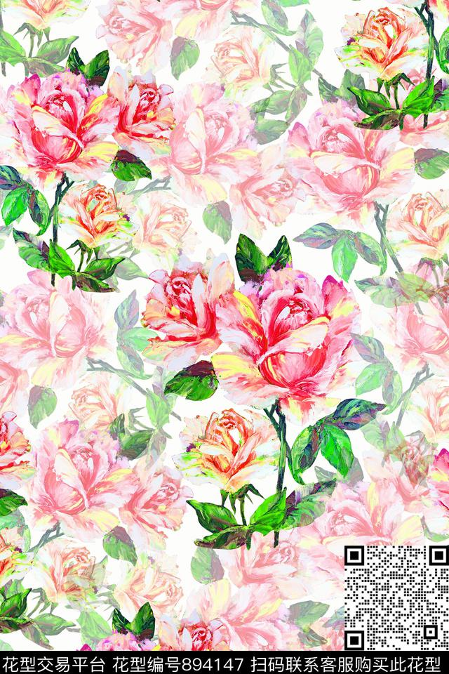 手绘花卉油画华亿平台大牌风数码印花华亿平台下载（图片编号: 894147） - 瓦栏（Walan）