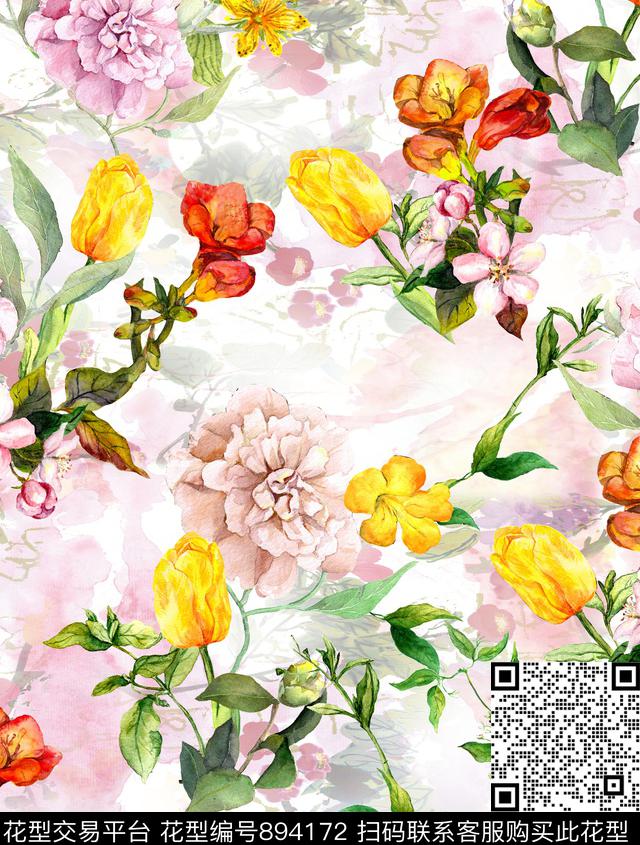 花瓣乱花郁金香数码印花华亿平台下载（图片编号: 894172） - 瓦栏（Walan）