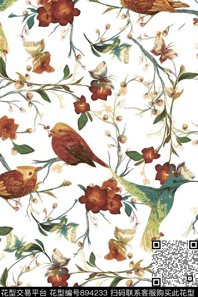 花鸟花卉线条花线条叶传统印花华亿平台下载（图片编号: 894233） - 瓦栏（Walan）