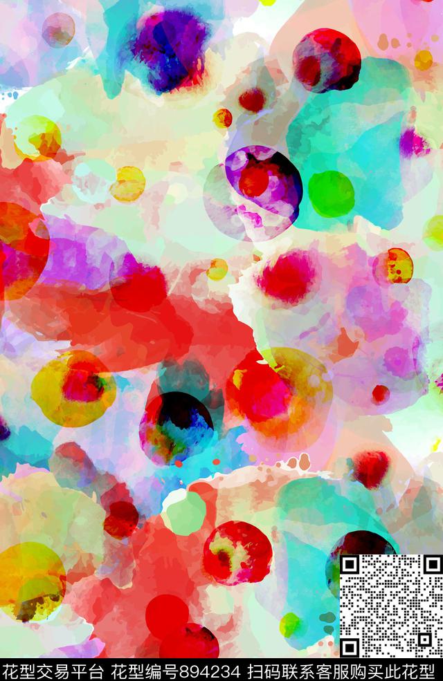 水彩抽象圈圈数码印花华亿平台下载（图片编号: 894234） - 瓦栏（Walan）
