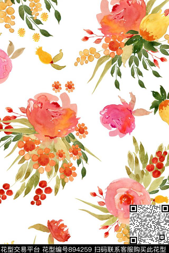 水彩花卉玫瑰数码印花华亿平台下载（图片编号: 894259） - 瓦栏（Walan）