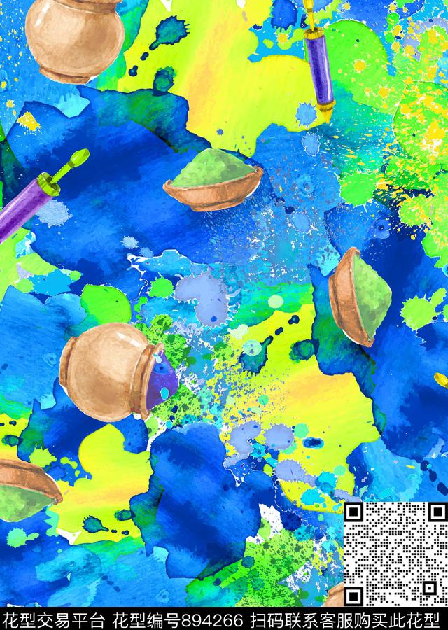 热带水彩涂鸦数码印花华亿平台下载（图片编号: 894266） - 瓦栏（Walan）