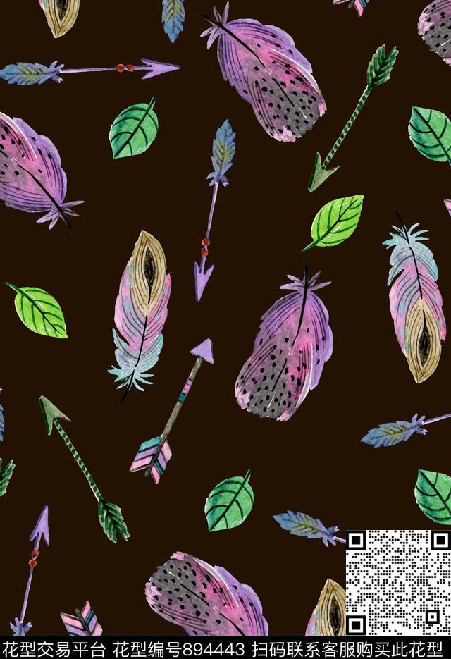 羽毛涂鸦水彩数码印花华亿平台下载（图片编号: 894443） - 瓦栏（Walan）