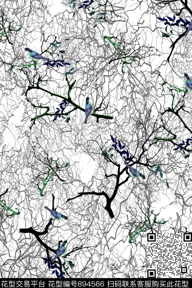 花鸟中国风女装数码印花华亿平台下载（图片编号: 894566） - 瓦栏（Walan）