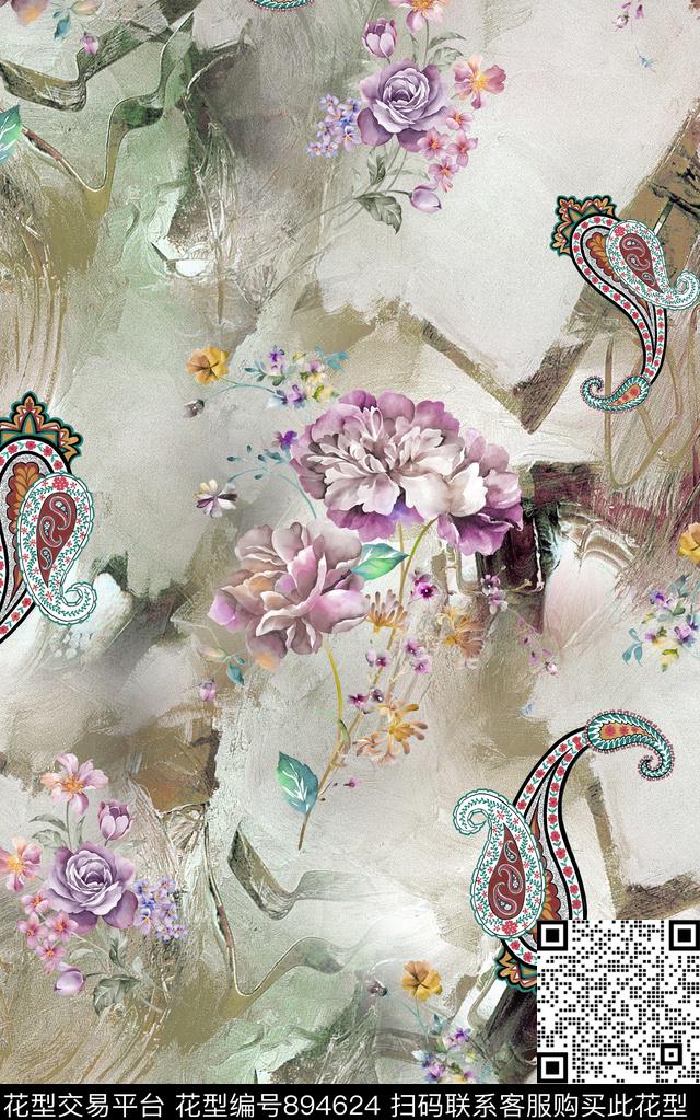 几何花卉纹理数码印花华亿平台下载（图片编号: 894624） - 瓦栏（Walan）