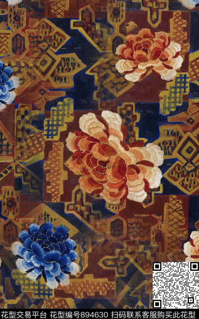 花卉几何纹理数码印花华亿平台下载（图片编号: 894630） - 瓦栏（Walan）