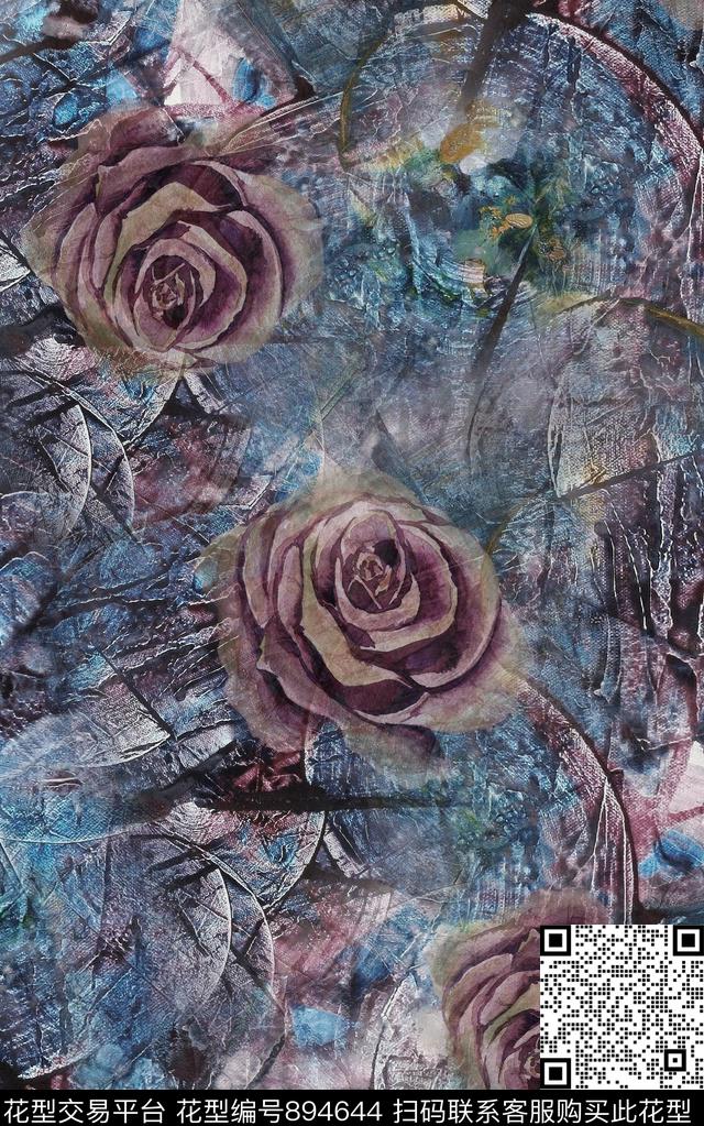 抽象纹理花卉数码印花华亿平台下载（图片编号: 894644） - 瓦栏（Walan）