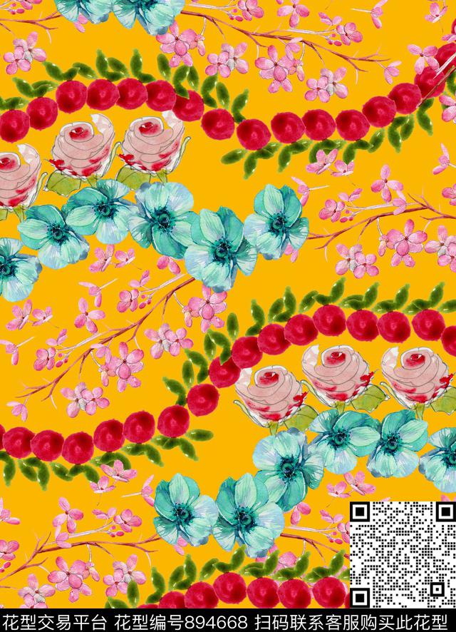 手绘花卉植物数码印花华亿平台下载（图片编号: 894668） - 瓦栏（Walan）