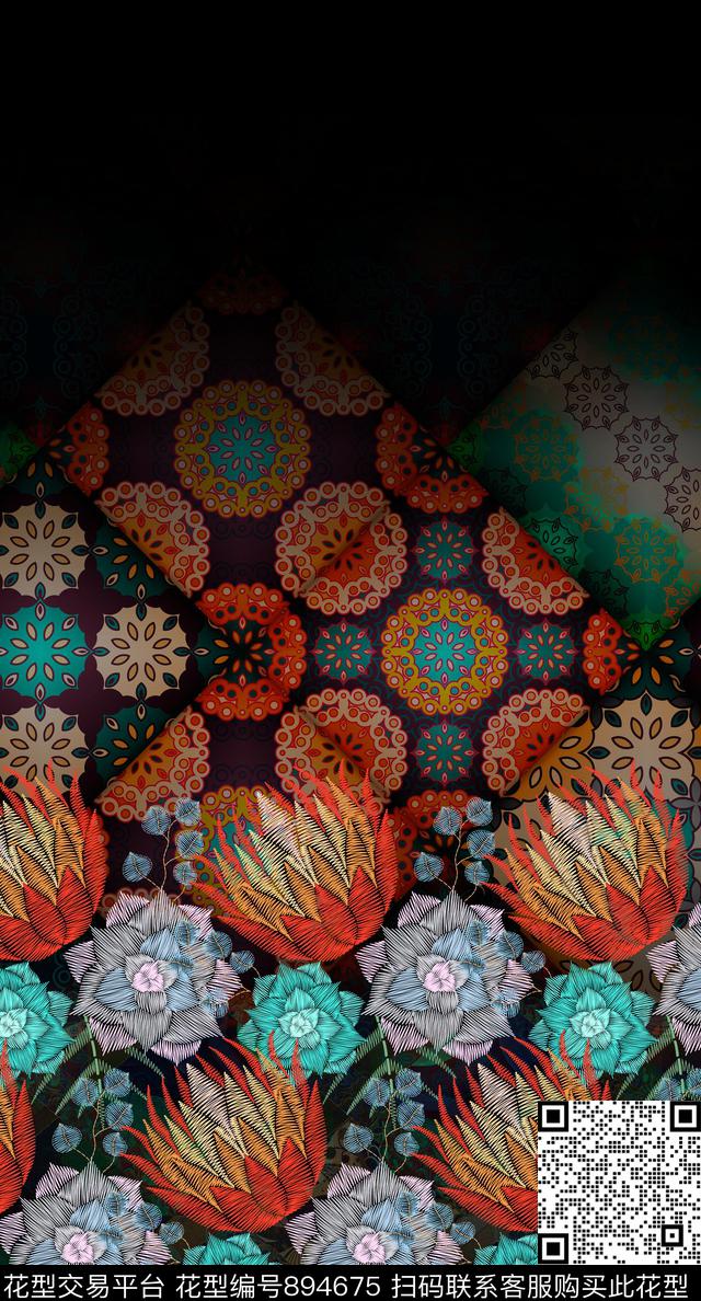 手绘花纹绣花数码印花华亿平台下载（图片编号: 894675） - 瓦栏（Walan）