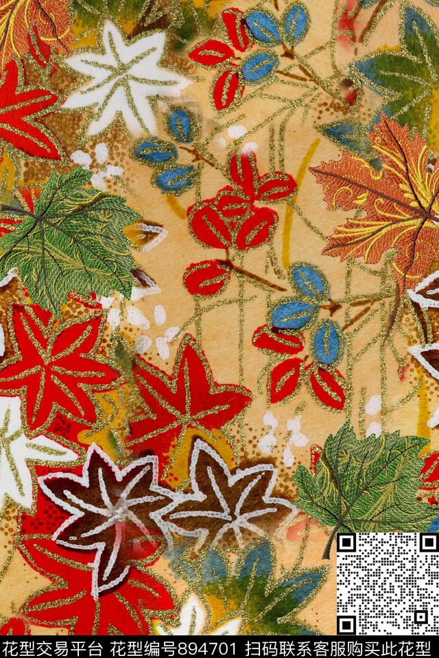 中国风叶子肌理数码印花华亿平台下载（图片编号: 894701） - 瓦栏（Walan）
