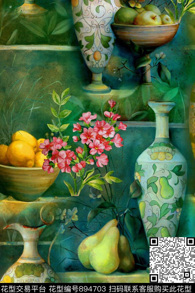 民族风青花瓷花卉数码印花华亿平台下载（图片编号: 894703） - 瓦栏（Walan）