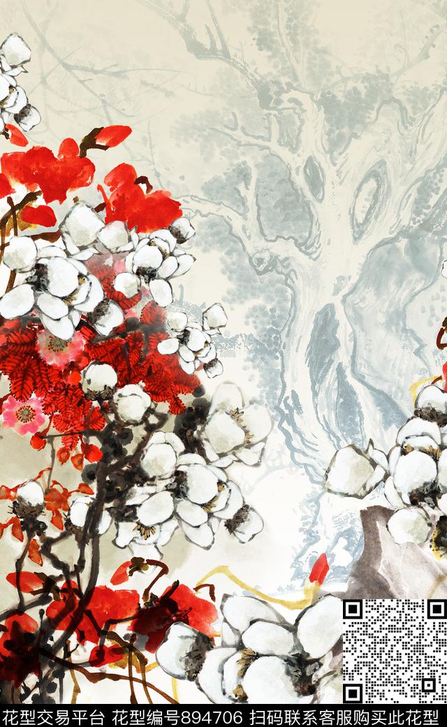 笔触水墨中国风数码印花华亿平台下载（图片编号: 894706） - 瓦栏（Walan）